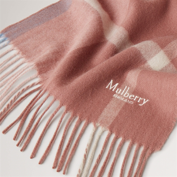 Mulberry Small Check Merino Wool Scarf Autumn Rose & Poplin Blue